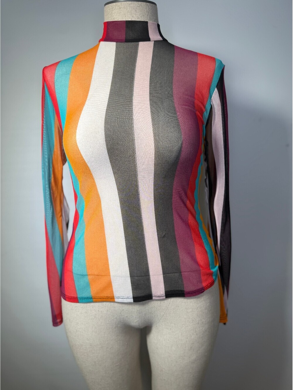 Forever 21 Long-Sleeve Striped Mesh Mock Neck Top OX